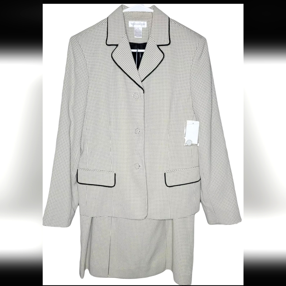 Worthington 2 Piece Black White Check Double Breasted Blazer Skirt Suit Size 14